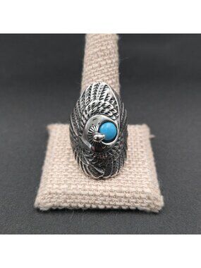 Size 13 Stainless Steel Native American Style Inlaid Turquoise Eagle Ring A7392